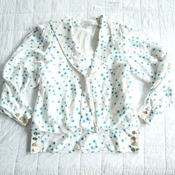 Vtg 80s/90s Womens 8 Star Pattern Silk Blouse Long Sleeve Collared Layered. - Picture 2 of 10